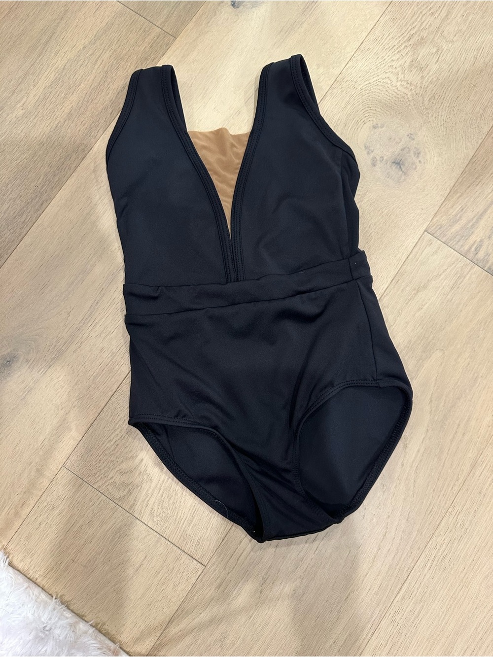 Girls' Black Dance Leotard with Tan Mesh V-Inset